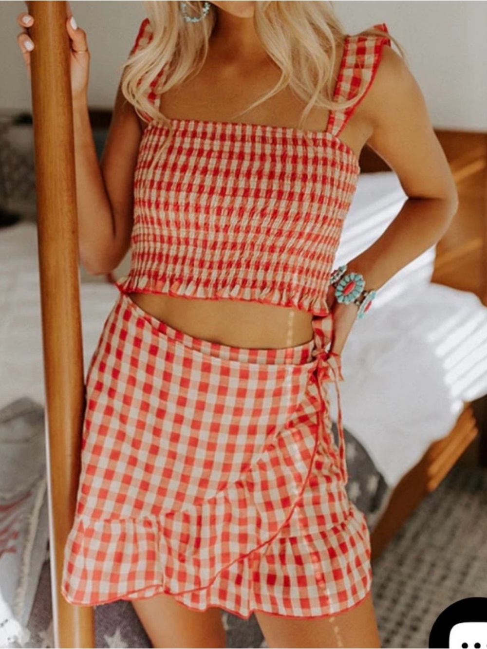NWT Impressions Red & Tan Cotton Gingham Skirt Set